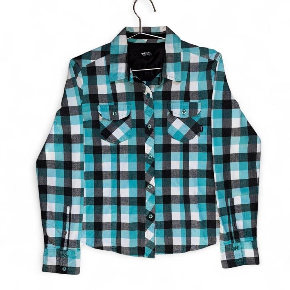 Vans Women's Black and Blue Plaid Button Long Sleeve Shirt
